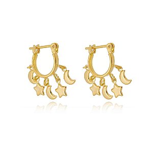 Brinco Pandeiro Estrela E Lua Lisa Folheado a Ouro 18K