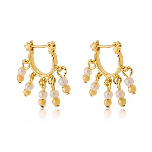 Brinco Pandeiro Pérola Pendurada Folheado a Ouro 18K