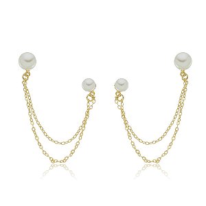 Brinco Pérola Dupla Correntinha Folheado a Ouro 18K