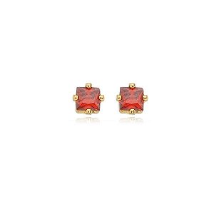 Brinco Ponto De Luz Quadrado Pequeno Vermelho Folheado a Ouro 18K