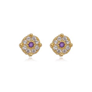 Brinco Redondo Flor Cravejado Folheado a Ouro 18K