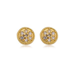 Brinco Redondo Flor Com Meio Cravejado Folheado a Ouro 18K