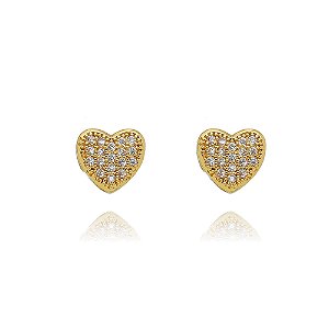 Brincos De Coração Cravejado Grande Folheado a Ouro 18K