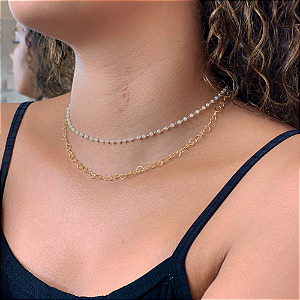 Choker Dupla Elo Corações E Pérolas Folheado a Ouro 18K