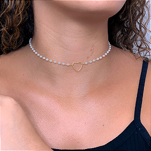 Choker Pérolas Coração Vazado Meio Folheado a Ouro 18K