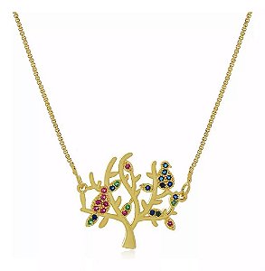 Colar Árvore Rainbow Passaros Folheado a Ouro 18K