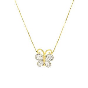 Colar Borboleta Redondo Cristal Folheado a Ouro 18K