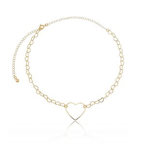 Colar Choker Elo Corações Coração Vazado Meio Folheado a Ouro 18K
