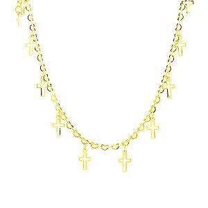 Colar Choker Elo Corações Cruzes Folheado a Ouro 18K
