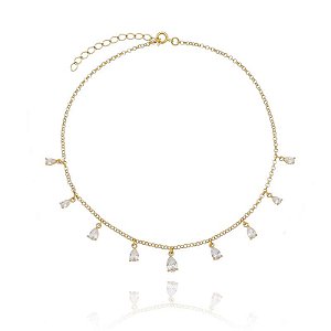 Colar Choker Gotas Cristais Folheado a Ouro 18K