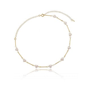 Colar Choker Palitinhos Pérolas Em Coração Folheado a Ouro 18K