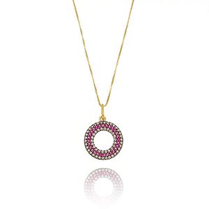 Colar Circulo Rosa Cravejado Folheado a Ouro 18K