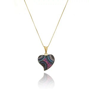 Colar Coração Abaulado Rainbow Folheado a Ouro 18K
