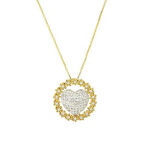 Colar Coração Borda Flores Cravejado Folheado a Ouro 18K