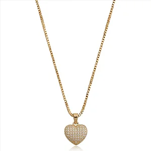 Colar Coração Cravejado Abaulado Cristal Folheado a Ouro 18K