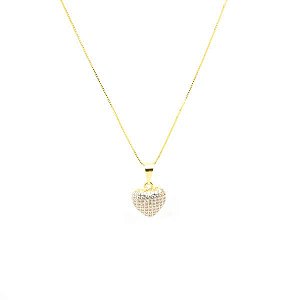 Colar Coração Cravejado Abaulado Cristal Folheado a Ouro 18K