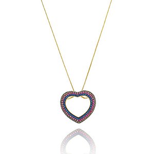 Colar Coração Cravejado Mega Vazado Rainbow Folheado a Ouro 18K