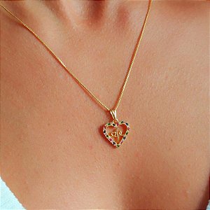 Colar Coração Cravejado Rainbow Fe Folheado a Ouro 18K