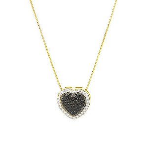 Colar Coração Duplo Pequeno Preto Folheado a Ouro 18K