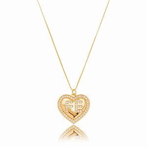 Colar Coração Fé Cravejado Folheado a Ouro 18K
