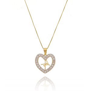 Colar Coração Fé Cristal Folheado a Ouro 18K