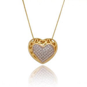Colar Coração Fechado Cravejado E Vazado Folheado a Ouro 18K