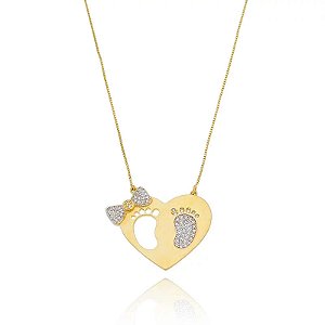 Colar Coração Laco E Pes Folheado a Ouro 18K