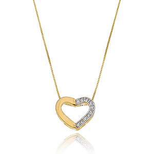Colar Coração Metade Cravejado Folheado a Ouro 18K