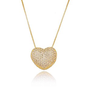 Colar Coração Pavê Abaulado Cristal Folheado a Ouro 18K