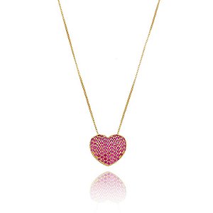 Colar Coração Pavê Abaulado Rosa Folheado a Ouro 18K