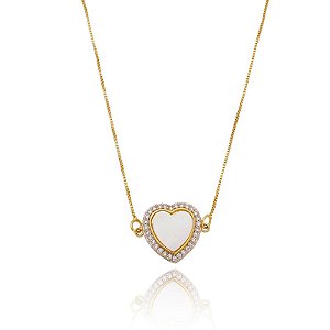 Colar Coração Resina Borda Cravejado Folheado a Ouro 18K