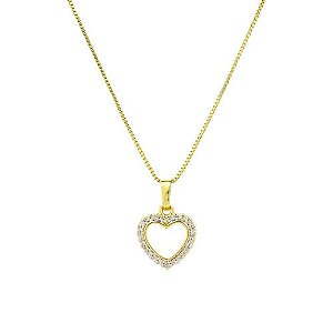 Colar Coração Vazado Cravejado 3D Folheado a Ouro 18K