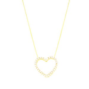 Colar Coração Vazado Cravejado Médio Folheado a Ouro 18K