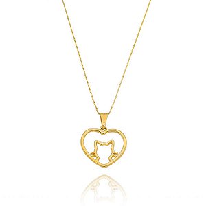 Colar Coração Vazado Gatinho Folheado a Ouro 18K