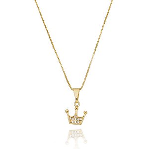Colar Coroa Cravejado 3 Pontas Folheado a Ouro 18K