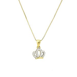 Colar Coroa Cravejado Branco Folheado a Ouro 18K