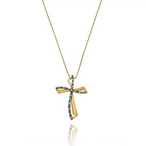 Colar Cruz Rainbow Folheado a Ouro 18K
