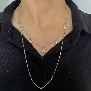 Colar Duplo Bolinha E Pérola Folheado a Ouro 18K