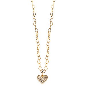 Colar Elo Corações Pingente Coração Cravejado Cristal Folheado a Ouro 18K
