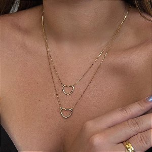 Colar Escapulário 2 Corações Vazados Folheado a Ouro 18K