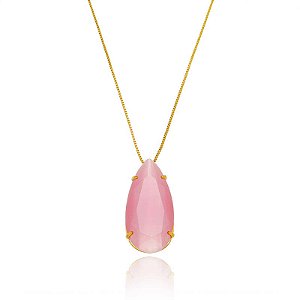 Colar Gota Grande Rosa Leitoso 70Cm Folheado a Ouro 18K