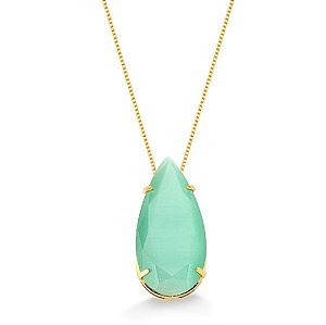 Colar Gota Grande Verde Leitoso 70Cm Folheado a Ouro 18K