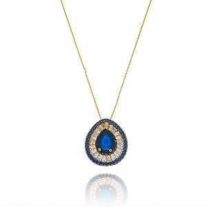 Colar Gota Navetes E Borda Cravejado Azul Folheado a Ouro 18K