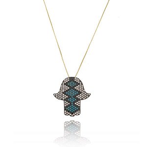 Colar Hamsa Cravejado Geométrico Folheado a Ouro 18K