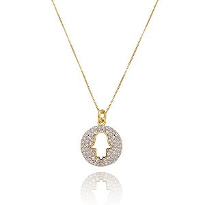 Colar Hamsa Redondo Cravejado Folheado a Ouro 18K