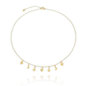 Colar Infantil Correntinha Pingentes Estrela Lua Coração Lisa Folheado a Ouro 18K