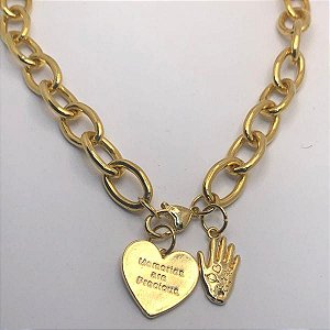 Colar Longo Pingente Coração E Mão Folheado a Ouro 18K