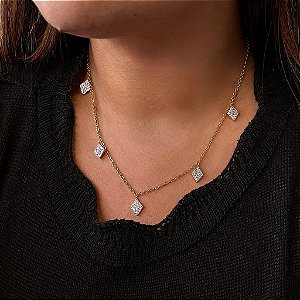 Colar Losangos Cravejado Folheado a Ouro 18K