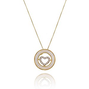 Colar Mandala Madrepérola Coração Cravejado Folheado a Ouro 18K