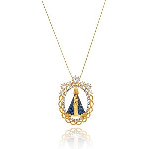 Colar Mandala Nossa Senhora Aparecida Manto Azul Folheado a Ouro 18K